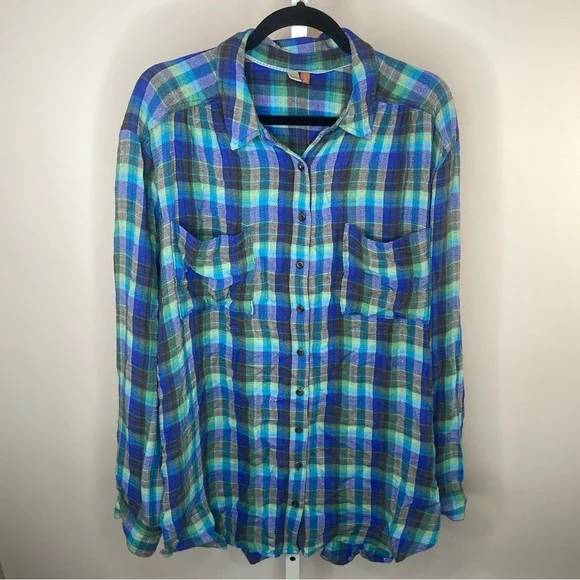 Pilcro | Anthropologie Hadley Relaxed Button Down Shirt Blue Green Size XL - Picture 2 of 13